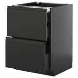Modern black kitchen cabinet with two open drawers, sleek and sturdy design.