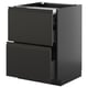 Modern black kitchen cabinet with two open drawers, sleek and sturdy design.