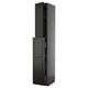 Black glossy kitchen cabinet, tall and narrow with double doors and a sleek modern design.