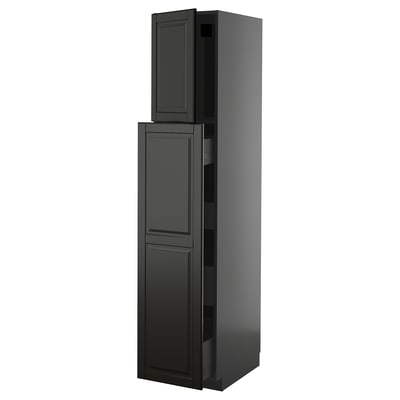 Dark grey METOD cabinet with bevelled bodbyn fronts; tall, rectangular, modern design.