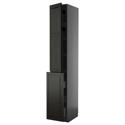 Modern black METOD cabinet with bevelled edges, tall, rectangular, and sleek design, featuring various shelves and drawers for storage.