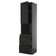 Black tall kitchen cabinet with two drawers and open shelves. Modern, sleek design with wooden construction.