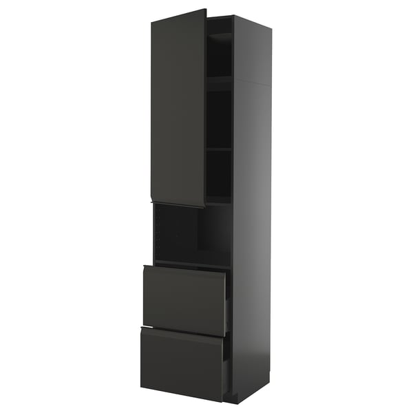 A sleek, tall, black METOD kitchen cabinet with a modern design, featuring both drawers and shelves for storage.