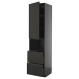 A sleek, tall, black METOD kitchen cabinet with a modern design, featuring both drawers and shelves for storage.