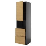 Image displays a tall, modern storage unit in dark grey with light wooden drawers and doors. A minimalist, handle-less design.
