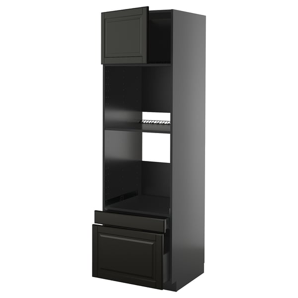 Black ikea METOD tall kitchen unit with open shelves and drawers.