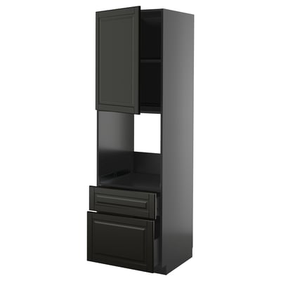Black METOD kitchen cabinet with bodbyn fronts, featuring a tall frame, drawers, and adjustable shelves for modern storage.