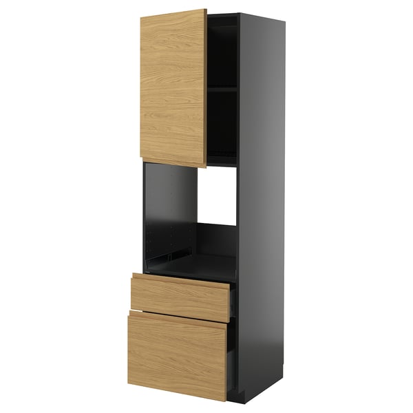 METOD kitchen: dark gray unit, light oak drawers, open shelves, ventilation.