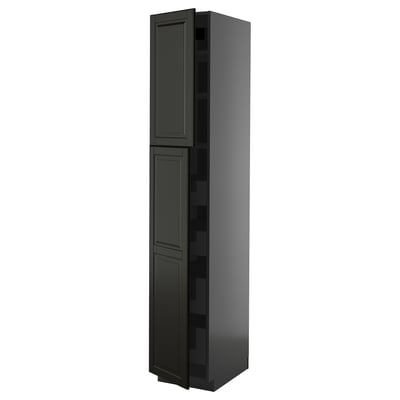 Black METOD kitchen cabinet. Tall, rectangular with two doors and bevelled edges design.