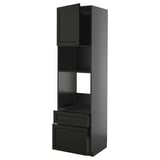 Black kitchen cabinet with drawers and shelf, modern design.