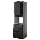 Black tall cabinet with drawers and shelves, modern design, part of ikeas METOD kitchen system, sleek with smooth edges.