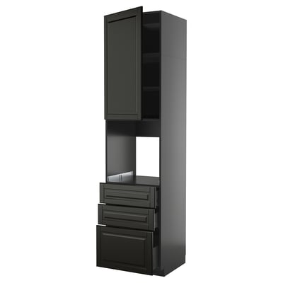 METOD kitchen unit in black with cabinet, drawers, and open shelf.