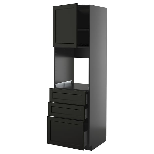 Black kitchen cabinet with open top shelf, three drawers, and beveled edges.