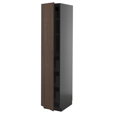 Gray kitchen cabinet with brown door, glass drawer.