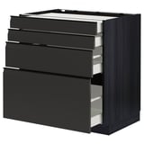 Black METOD kitchen unit with four dark drawers, sleek modern design.