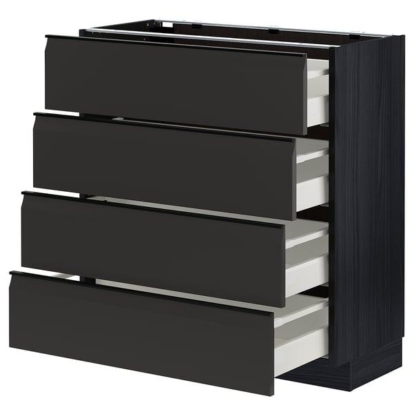 Modern black kitchen drawers: METOD, 4-tier, full pull-out, sleek, smooth edges.