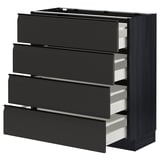 Modern black kitchen drawers: METOD, 4-tier, full pull-out, sleek, smooth edges.