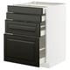 Modern black beveled kitchen drawers, white cabinet. Four drawers, sleek design, sturdy frame.