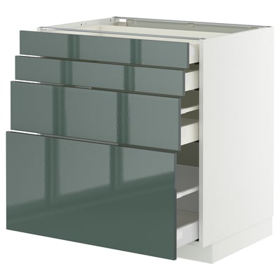 Modern kitchen cabinet, METOD. High-gloss grey-green kallarp drawers. Primer particleboard frame, metal runners. Square, sleek design.