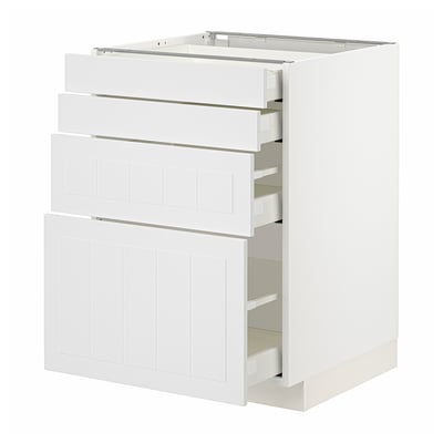 White METOD kitchen cabinet with multiple drawers and doors, minimalist design.