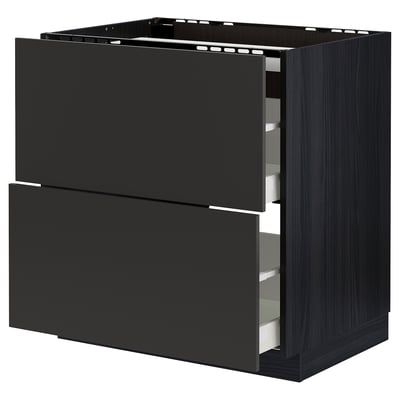 Black ikea METOD kitchen base with two drawers and open top section.