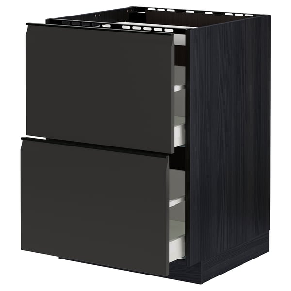 METOD black kitchen unit with pull-out drawers.