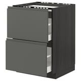 Modern dark grey kitchen cabinet with two open drawers, made of particleboard and plastic, featuring sleek handles and a smooth finish.
