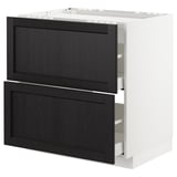 An ikea METOD kitchen unit with black-stained wooden drawers and white frame, designed for oven or sink installation.