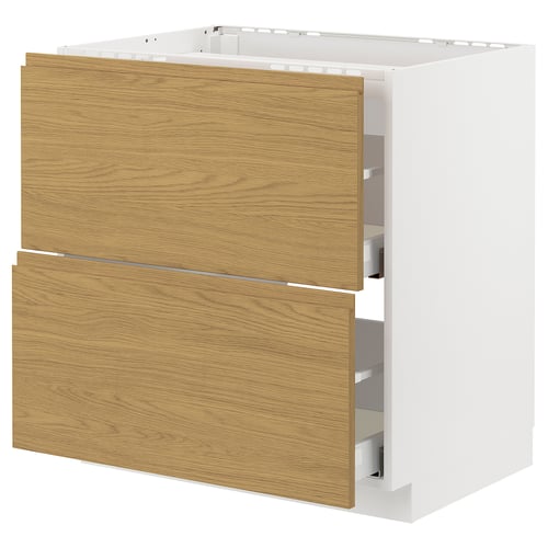 Modern kitchen cabinet in oak finish with two drawers and a minimalist design.