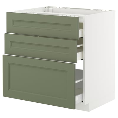 Modern kitchen unit with three green drawers on white base.