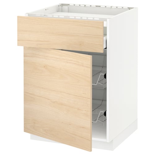 A white and light ash-colored kitchen cabinet with a pull-out wire basket.