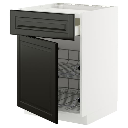 METOD kitchen unit in white and dark grey; large drawer and cabinet with multiple shelves.