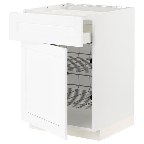 White METOD kitchen cabinet with wire baskets, sleek design.