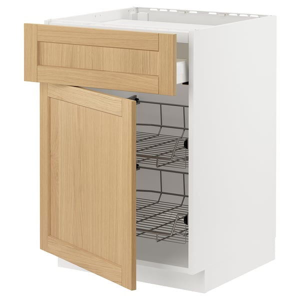 A white kitchen cabinet with a wooden drawer and metal shelves. The drawer is partially open with a light wood finish.