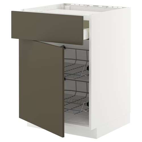 Modern white kitchen cabinet with olive drawers, three metal shelves, and one partially open drawer.