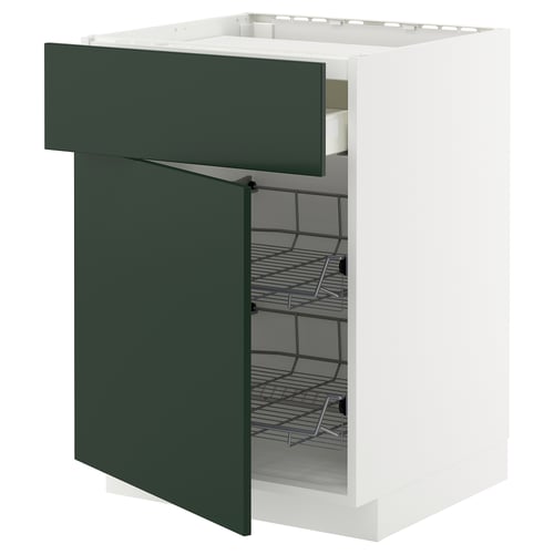 METOD kitchen cabinet with green drawer, white body, wire basket, modern design.