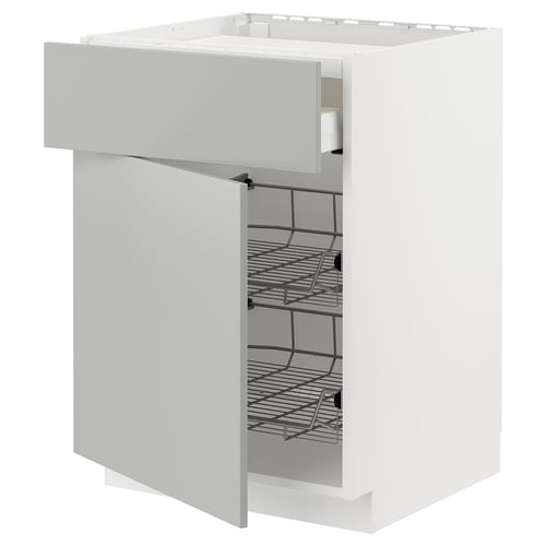 Modern white METOD kitchen cabinet with grey shelves and pull-out wire basket, minimalist design.