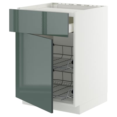 Modern kitchen cabinet from METOD system, grey-green kallarp fronts, square with wire shelves.