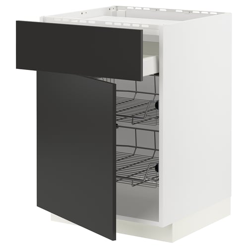 A modern, white METOD kitchen cabinet with matt black nickebo drawers. It multiple shelves and a sleek design.