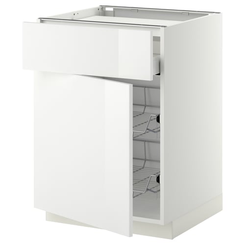 Depicts a white METOD kitchen cabinet with a glossy finish, featuring multiple wire drawers for storage.