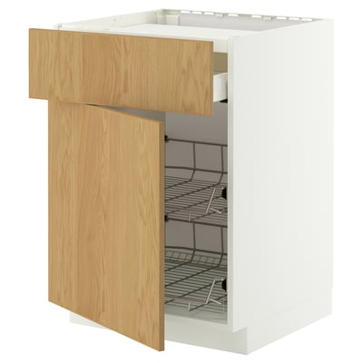 A white METOD kitchen cabinet with a wooden drawer and a wire basket inside, designed for storage.