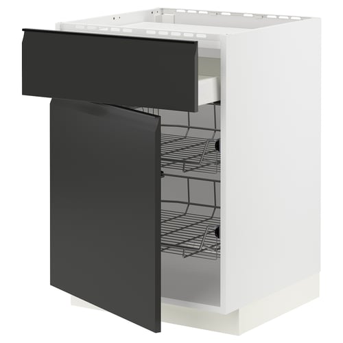 A white METOD kitchen cabinet with a black upplöv drawer and shelves. It has a modern, monochrome design.