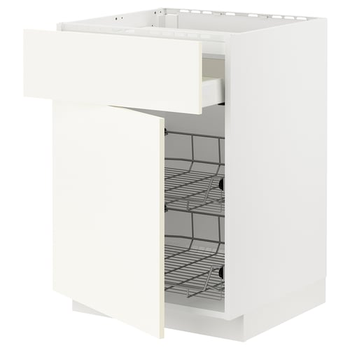 White METOD kitchen cabinet with pull-out wire baskets, sleek and modern design, 18mm thick, self-closing drawers.