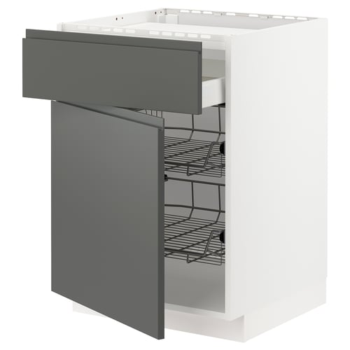 Modern METOD kitchen unit in white and dark grey with integrated wire shelves and soft-close drawers.
