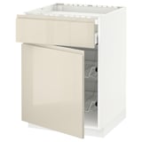This image shows a white METOD cabinet with beige glossy drawers, featuring a wire basket and integrated handles.