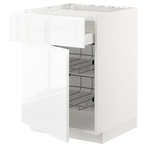White METOD kitchen cabinet with wire drawers.