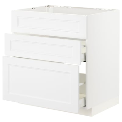 White METOD kitchen cabinet with three drawers, sleek modern design.