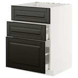 Modern kitchen unit, white frame, black drawers, beveled edges, three drawers, square shape.