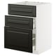 Modern kitchen unit, white frame, black drawers, beveled edges, three drawers, square shape.