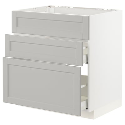 Ikea METOD kitchen unit, light grey, three drawers, rectangular shape, modern traditional design.